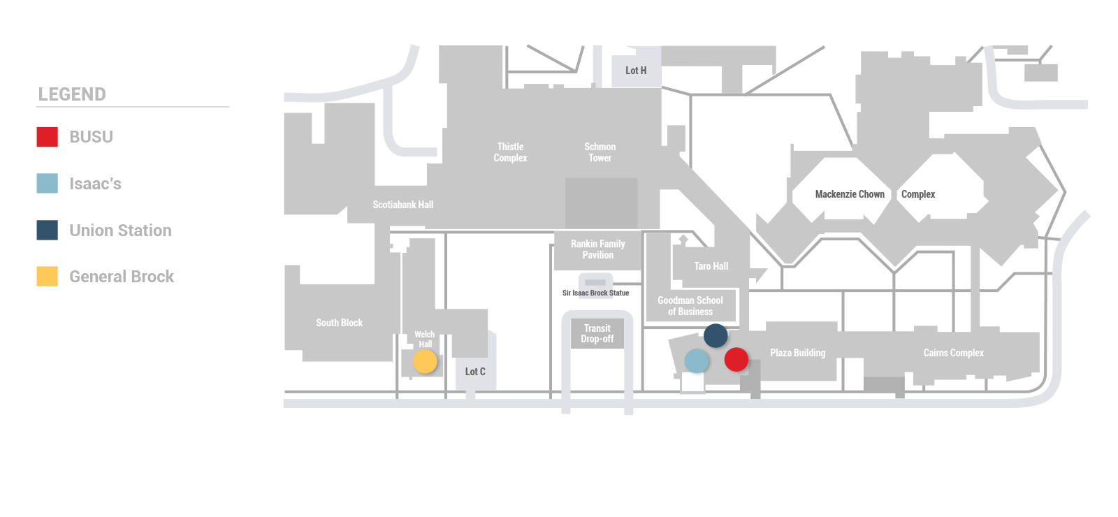 Map of BUSU Food Businesses. Union Station located in Student-Alumni Building 2nd floor